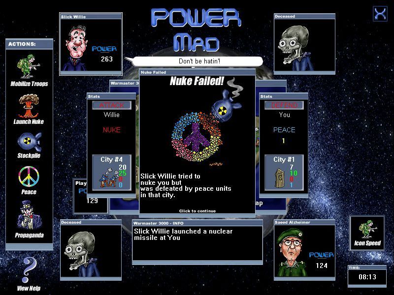 Power Mad (Windows) screenshot: Here the presence of peace units has prevented a devastating nuclear attack