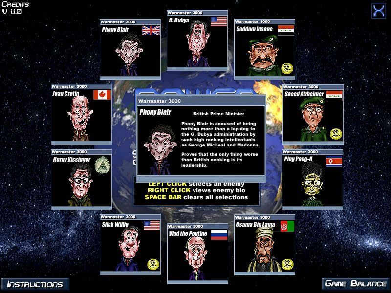 Power Mad (Windows) screenshot: Each of the AI opponents has a brief biography