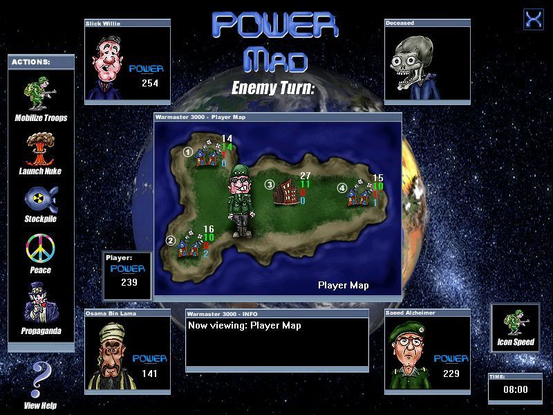 Power Mad (Windows) screenshot: When a player is eliminated their icon changes