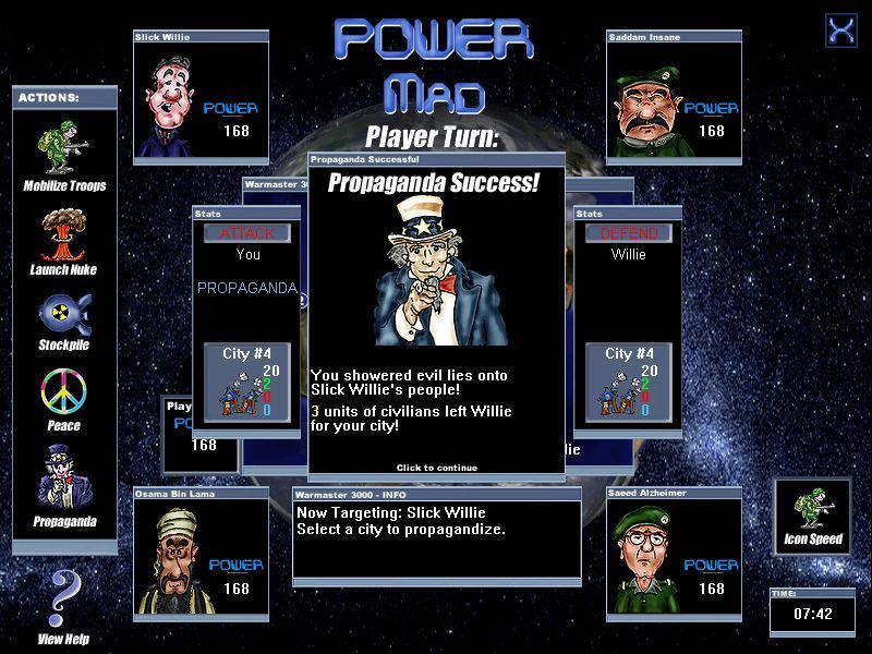 Power Mad (Windows) screenshot: In the early stages the only actions that a player can undertake are propaganda and attacking with troops