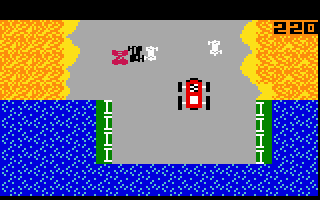 Bump 'N' Jump (Intellivision) screenshot: Jumping over a gap in the road