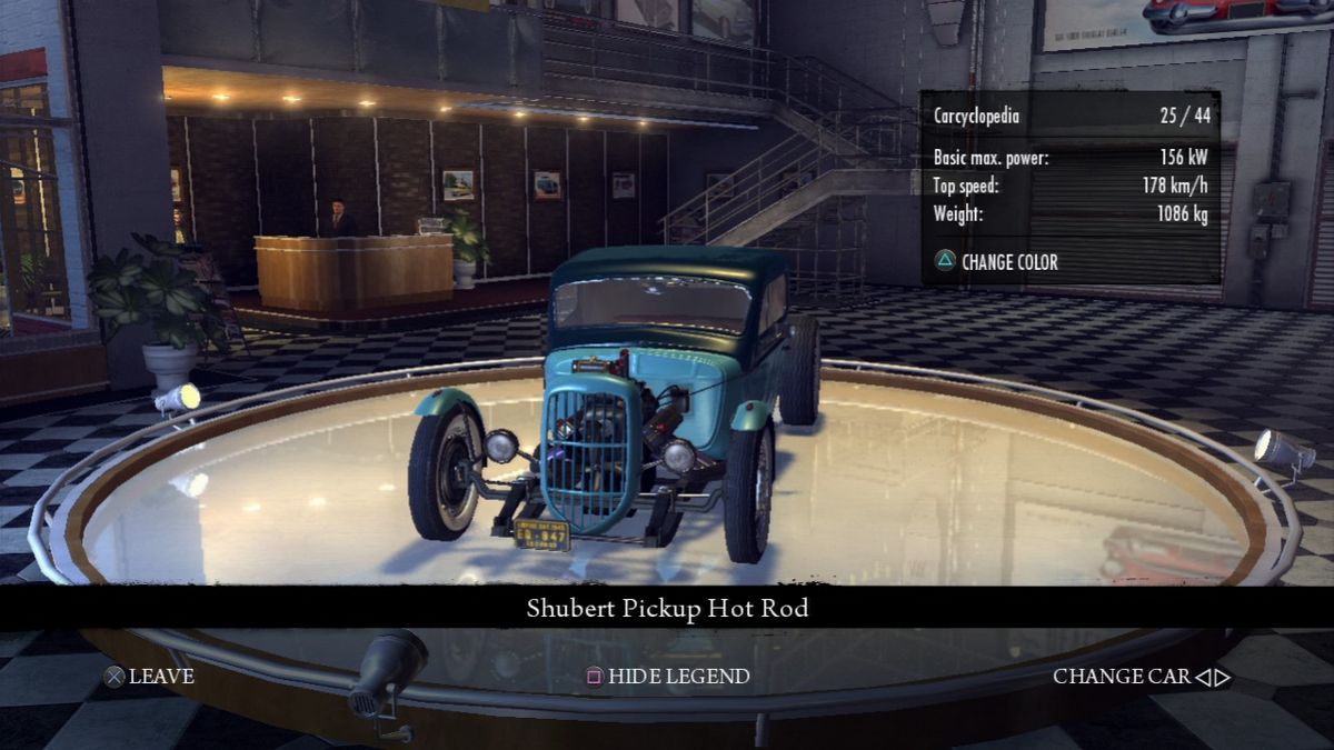 Mafia II: Greaser Pack (PlayStation 3) screenshot: Shubert Pickup Hot Rod, car display front view, cyan version