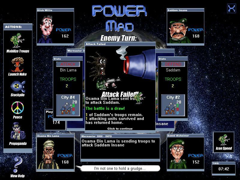 Power Mad (Windows) screenshot: Not all actions are successful. Here an attack has failed, sometimes a propaganda campaign fails and the player loses civilian units