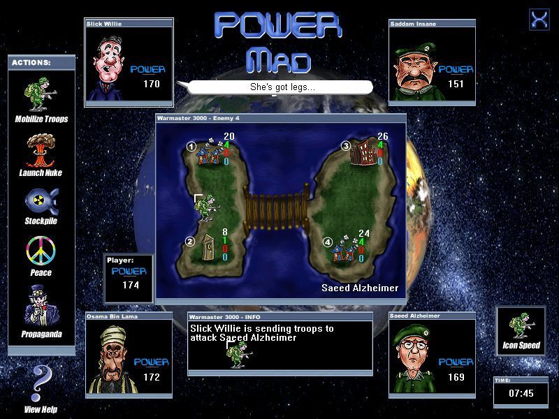 Power Mad (Windows) screenshot: As a player loses points their cities become less prosperous and their icons change