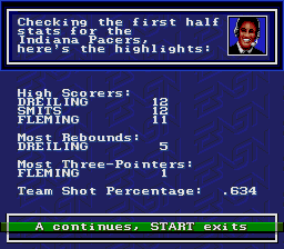 Bulls vs. Lakers and the NBA Playoffs (Genesis) screenshot: The game now keeps track of player stats during the course of the game