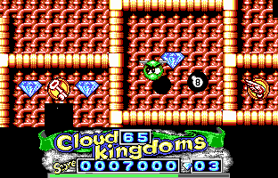 Cloud Kingdoms (DOS) screenshot: Look carefully, and you'll notice little wings on me permitting me to do a flyby over this doorless chamber... thanks to the powerup in the bottom right. (EGA)