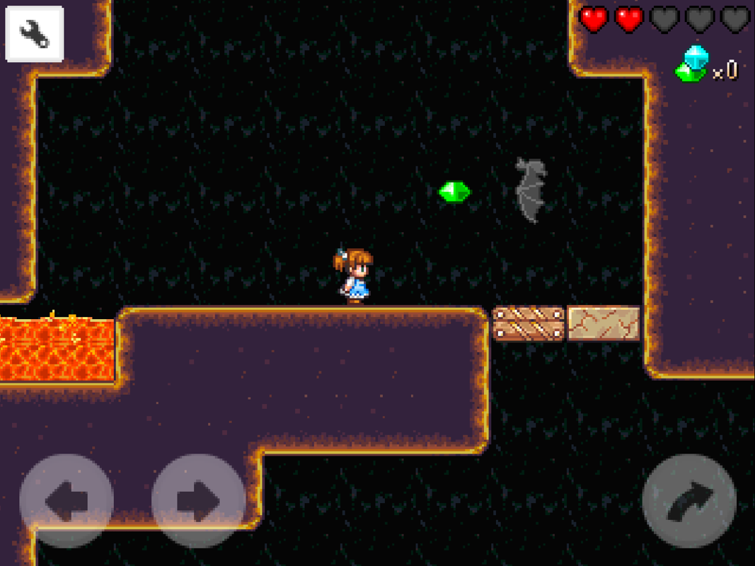 Alice's Mom's Rescue (Android) screenshot: The two kinds of platforms. Cracked ones (like the one on the right) will fall, once we step on it.