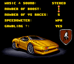 Lamborghini: American Challenge (SNES) screenshot: Options menu.