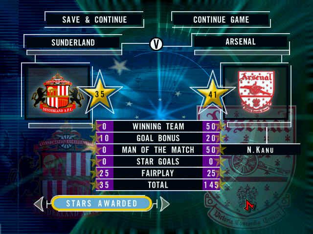 The F.A. Premier League Stars (Windows) screenshot: This screen shows all the stars you've gained after a match.