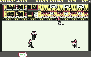 Jail Break (Commodore 64) screenshot: A male hostage walks toward a convict
