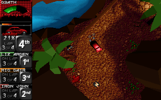 Death Rally (DOS) screenshot: Palm Side - between two palms