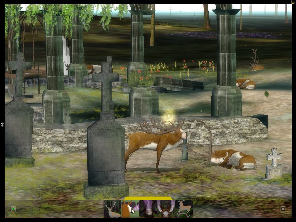 The Endless Forest (Windows) screenshot: The symbols at the bottom of the screen can be used to engage in activities. Here, I'm roaring to wake a fellow deer up (Phase 1).
