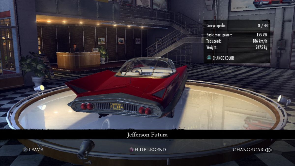 Mafia II: Vegas Pack (PlayStation 3) screenshot: Jefferson Futura, car display rear view, red color