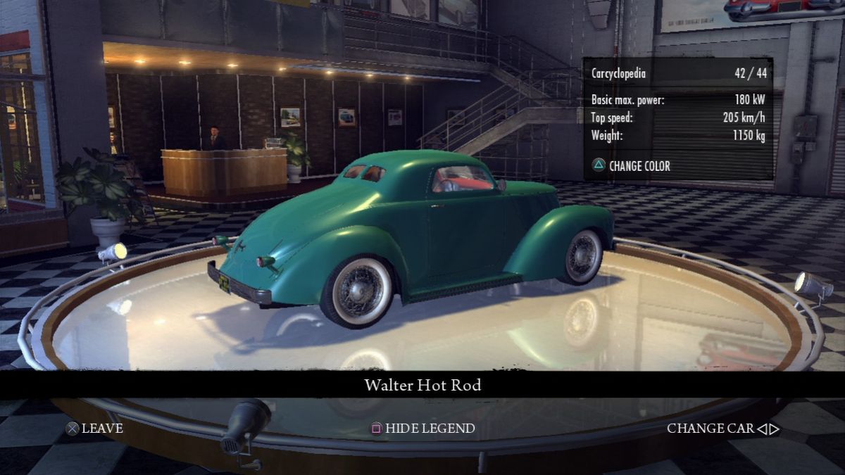 Mafia II: Renegade Pack (PlayStation 3) screenshot: Walter Hot Rod, car display rear view, green color