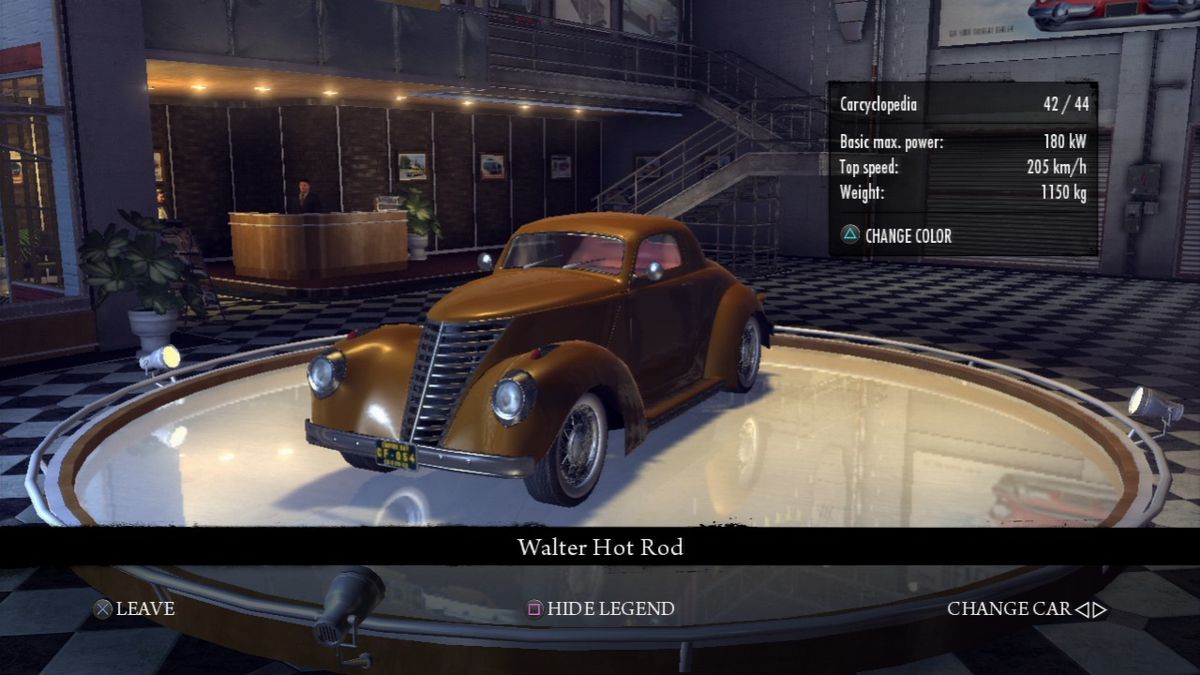 Mafia II: Renegade Pack (PlayStation 3) screenshot: Walter Hot Rod, car display front view, brown color