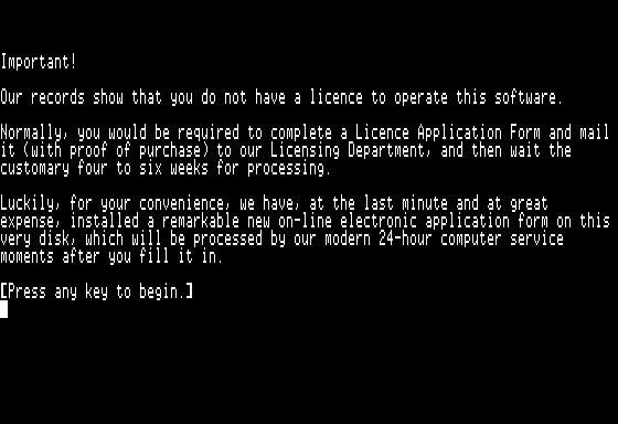 Bureaucracy (Apple II) screenshot: Uh oh, you'll need to fill out one of those %#$@! license application forms!