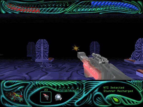 The Abyss: Incident at Europa (Windows) screenshot: Shooting into darkness. Typical in the game.