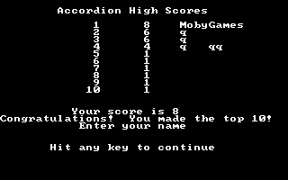 Accordion (DOS) screenshot: High score list