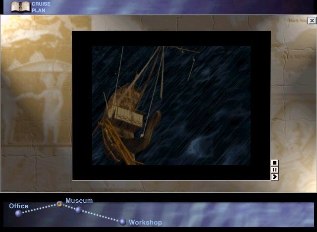 Titanic: Challenge of Discovery (Windows) screenshot: The tiny ship was tossed...While researching your potential finds, you'll be treated to a video showing how the particular ship met its end.