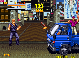 Burning Fight (Neo Geo) screenshot: "You know, throwing flames at somebody else isn't very nice."