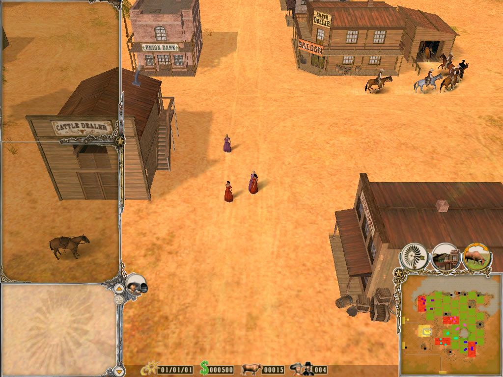 Far West (Windows) screenshot: The men go to the saloon while the women are chatting outside.