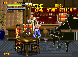Burning Fight (Neo Geo CD) screenshot: In this bar, you can smash tables and destroy a piano for bonus points, ala Final Fight...