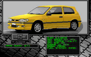 Burning Rubber (Amiga) screenshot: UK Car Selection-Sunny G.T.I