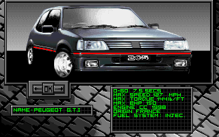 Burning Rubber (Amiga) screenshot: UK Car Selection-Peugeot G.T.I