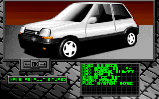 Burning Rubber (Amiga) screenshot: UK Car Selection-Renault S Turbo