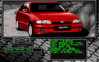 Burning Rubber (Amiga) screenshot: UK Car Selection-Astra G.S.I
