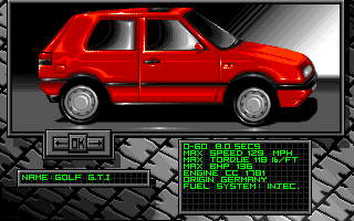 Burning Rubber (Amiga) screenshot: UK Car Selection-Golf G.T.I