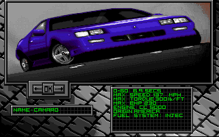Burning Rubber (Amiga) screenshot: US Car Selection-Camaro