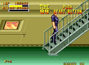 Burning Fight (Neo Geo) screenshot: Climbing some stairs