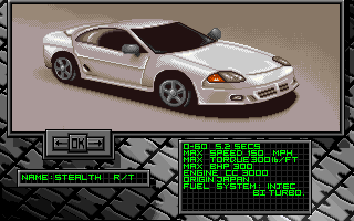 Burning Rubber (Amiga) screenshot: US Car Selection-Stealth RT