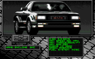 Burning Rubber (Amiga) screenshot: US Car Selection-Syclone GMC