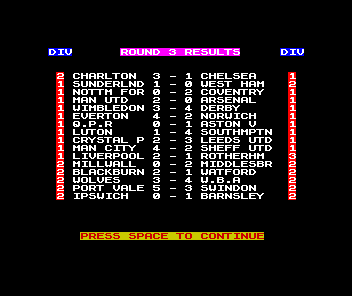 Cup Manager (ZX Spectrum) screenshot: The results list