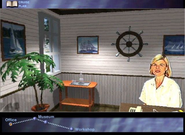 Titanic: Challenge of Discovery (Windows) screenshot: Any calls for me, Amy? The technique of putting video segments within a Quicktime VR situation is interesting, but produces cardboard-looking people.
