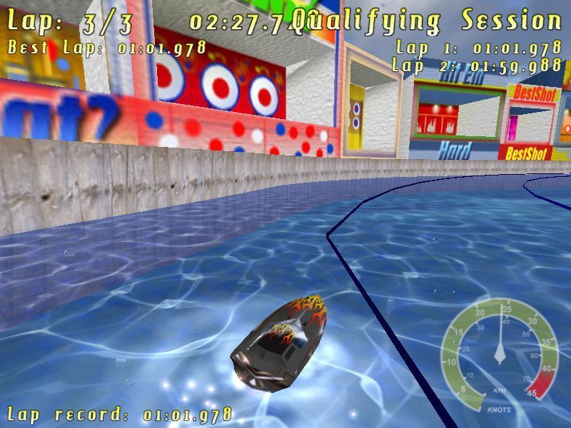 Powerboat Racing (Windows) screenshot: Boats do not manoeuvre as precisely as cars so it's easy to leave the course In most cases the player hits an invisible barrier and their speed drops dramatically