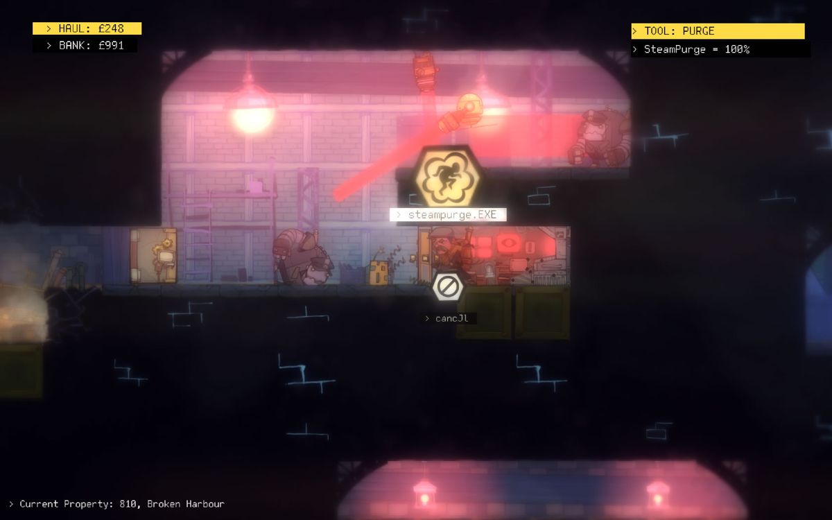 The Swindle (Windows) screenshot: The alarm has gone off and I'm quickly switching tools.