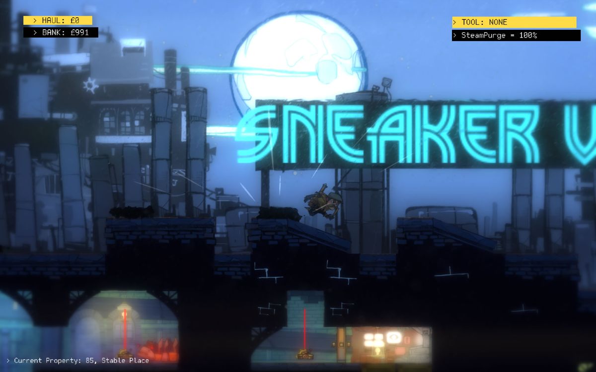 The Swindle (Windows) screenshot: Moving over the roof, looking for another way in.