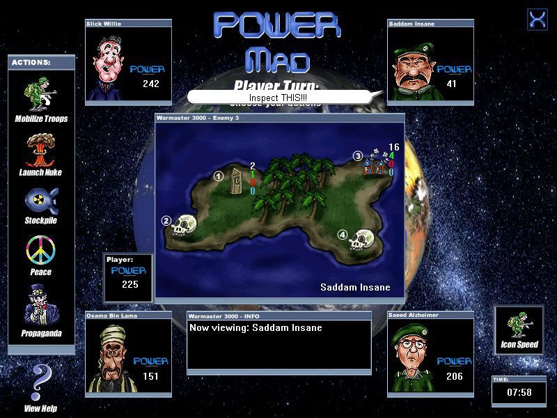 Power Mad (Windows) screenshot: Saddam Insane has lost two cities and those that remain look weak. Time to move in for the kill