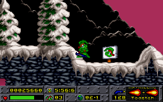 Jazz Jackrabbit: Holiday Hare 1994 (DOS) screenshot: Got halfway through the level