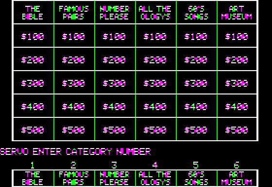 Jeopardy! (Apple II) screenshot: The game board