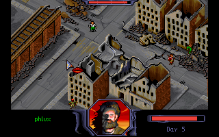 Burntime (DOS) screenshot: The city of Hard Man's Death, in this case my opponent's base