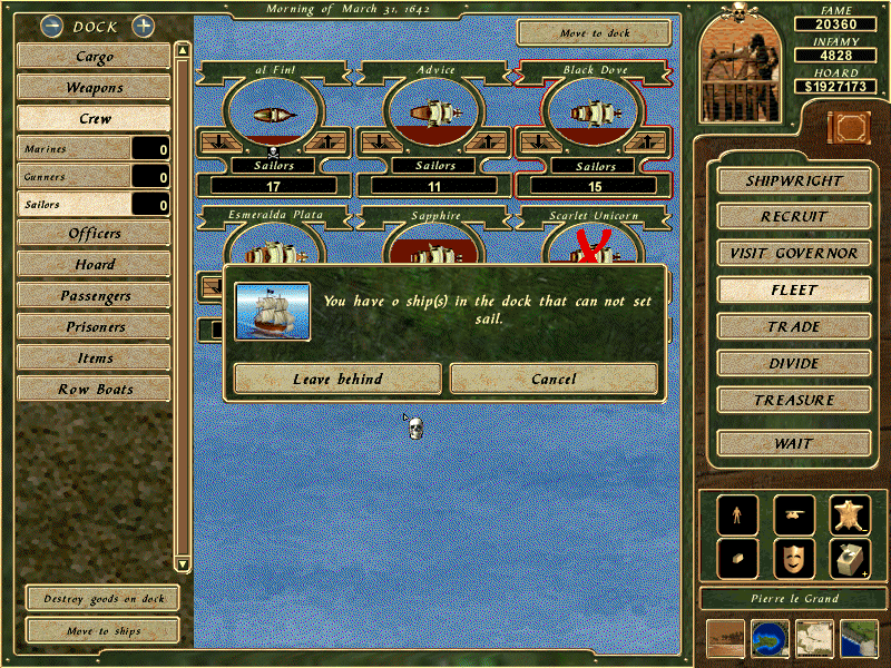 Cutthroats: Terror on the High Seas (Windows) screenshot: This error message appears if you don't have an officer on a ship -- yet you can still sail it, despite this confusing message...
