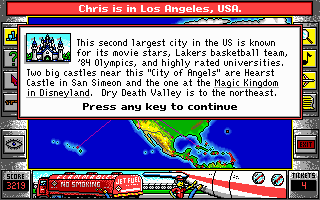 BushBuck Charms, Viking Ships & Dodo Eggs (DOS) screenshot: Arrived. Heres what the game has to say about the City of Angels.