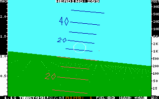 Jet (DOS) screenshot: Flying over land... (EGA 320x200)