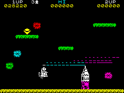 Jetpac (ZX Spectrum) screenshot: Trying to transport one fuel pod to the rocket