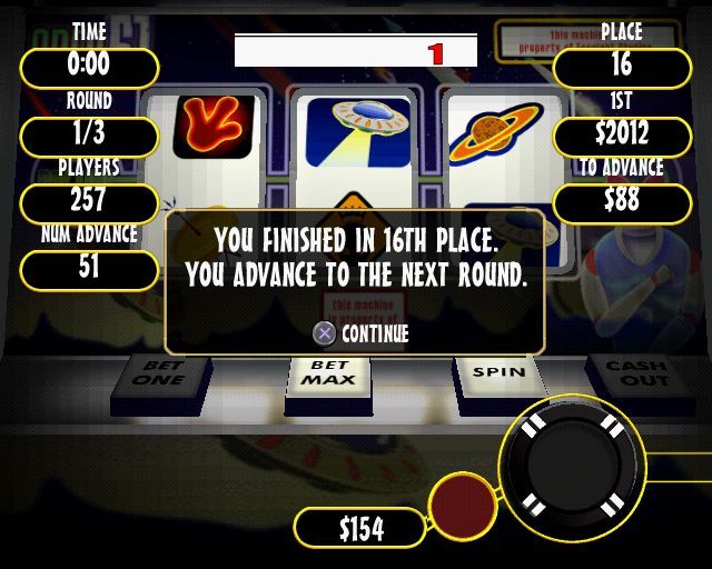 Hard Rock Casino (PlayStation 2) screenshot: Another unusual feature is the inclusion of Slot Machine Tournaments. As time marches on the cash winnings needed to get to the next level increases as other players also win