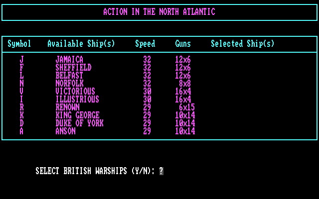 Action in The North Atlantic (DOS) screenshot: Would you like to set up the British warships?